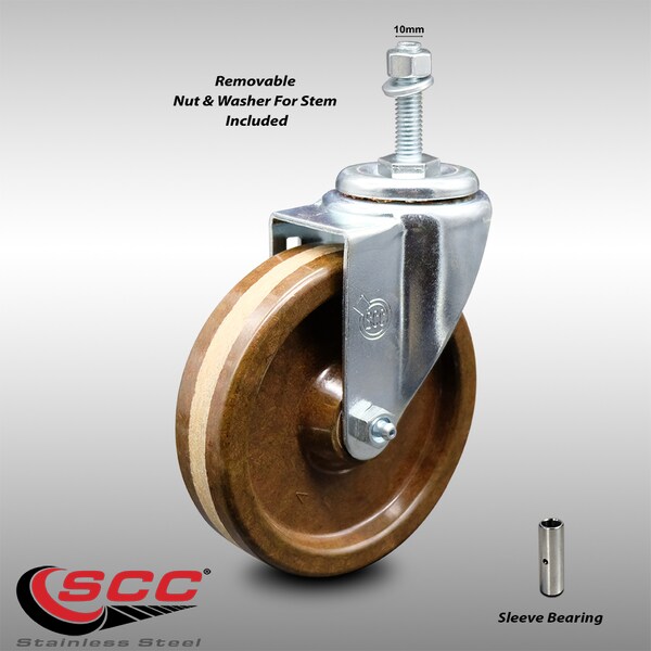 5 Inch SS High Temp Phenolic Wheel Swivel 10mm Threaded Stem Caster SCC